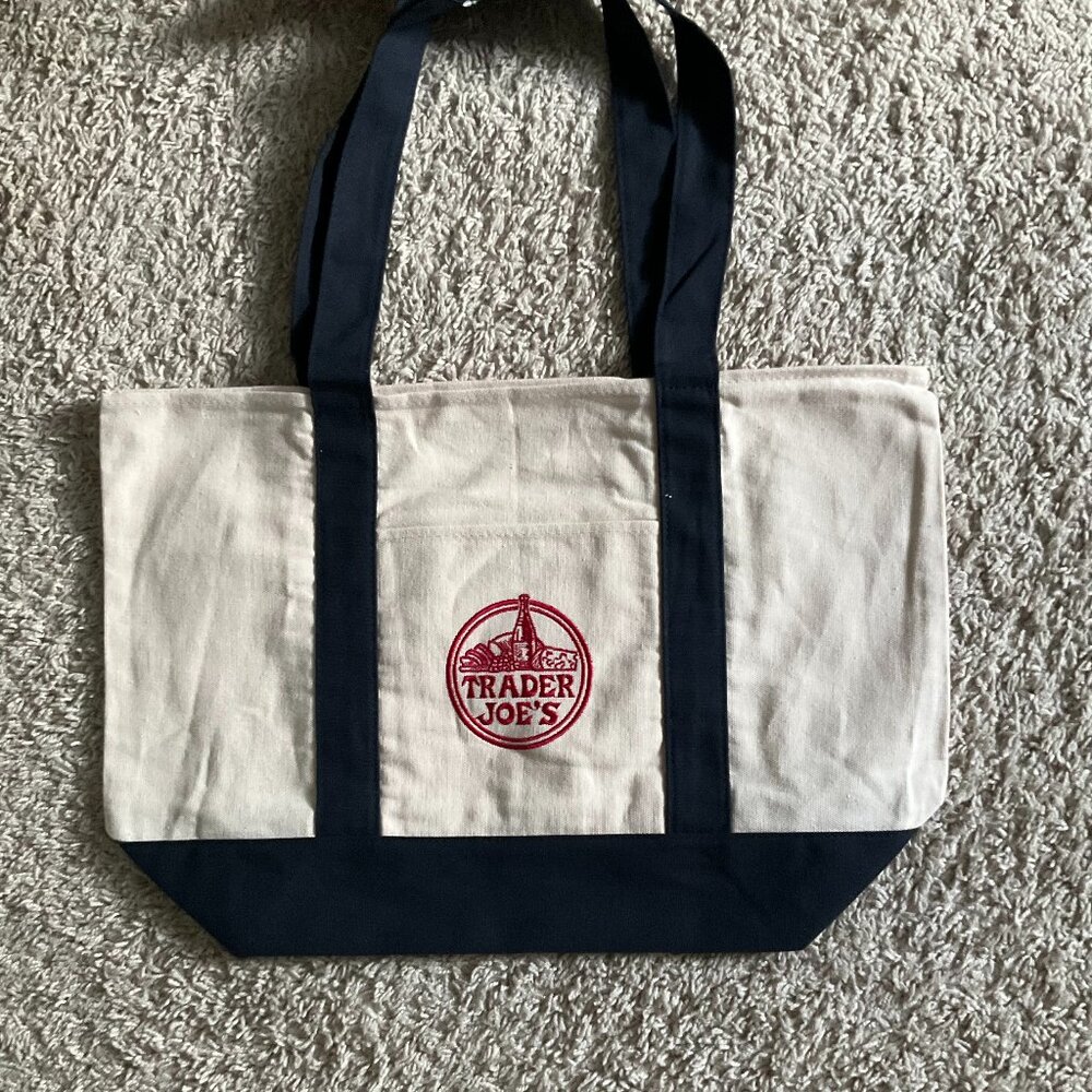 Trader joe's large canvas tote bag. ivory/blue.